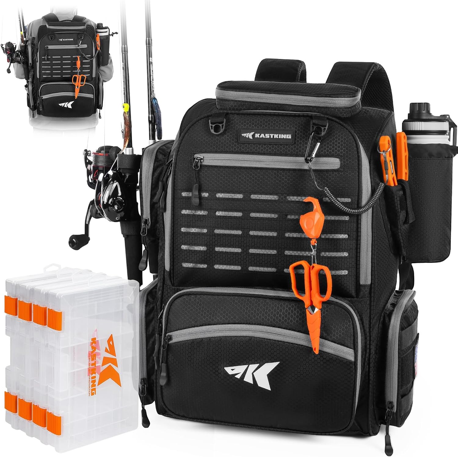 Outdoor Adventure Images - กระเป๋าเป้ตกปลาแบบกันน้ำพร้อมที่ใส่คันเบ็ด กล่องใส่อุปกรณ์ตกปลา 4 กล่อง และผ้าคลุมกันฝน ความจุขนาดใหญ่
